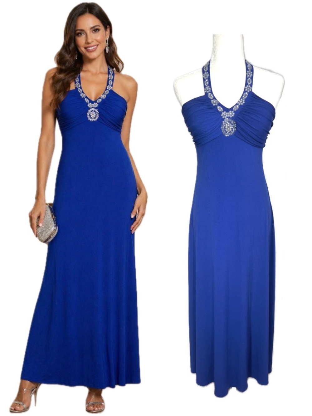 Beaded Halter Maxi Dress Embellished Evening Gown Royal Blue 6 Spence